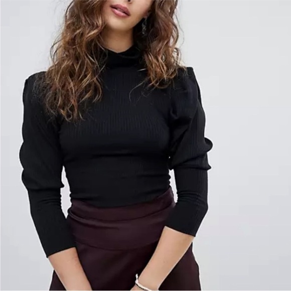 FREE PEOPLE Black Ribbed Puff Shoulder Mock Neck Sweater - Size Small - Picture 1 of 16
